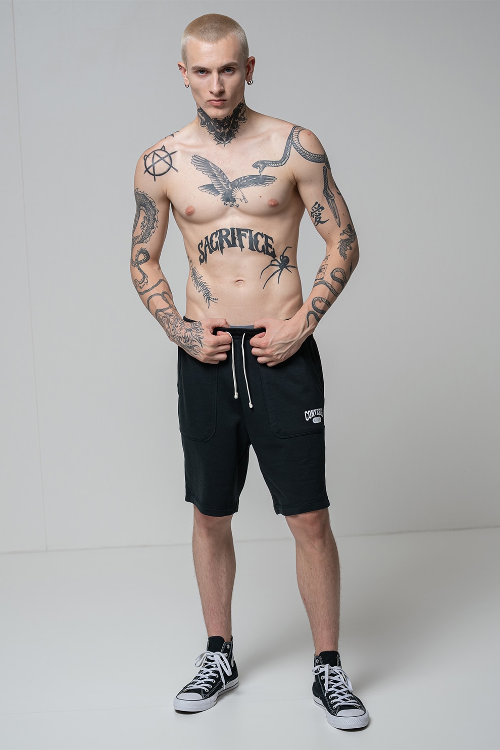 Converse, Bermude cu logo si snur, Alb, Negru, S