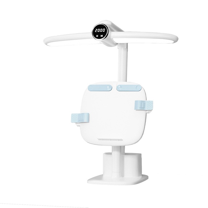 LED olvasólámpa gyerekeknek, háromszínű hőmérséklet állítás, óra kijelző, 6000 mAh, tolltartó tárolás, polc állítás, széles látószögű lámpa, fehér