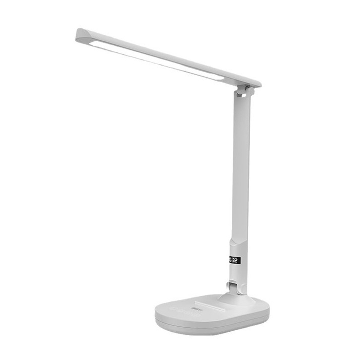 Lampa de birou cu LED pentru ingrijirea ochilor, afisaj cu ceas, senzor de vibratii, 3 niveluri de luminozitate, Ra95 redare inalta a culorilor, RG0 anti lumina albastra, iluminare cu unghi larg, alb