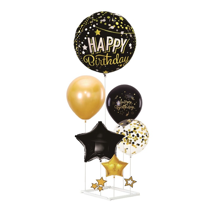 Balon party, folie metalizata negru, alb, auriu, happy birthday, TZ5341, cu suport