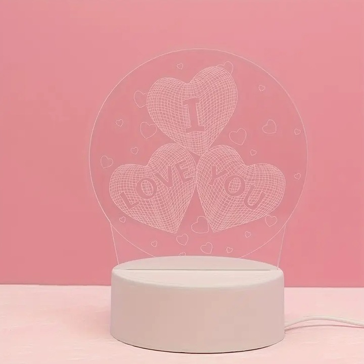 Lampa Veghe 3D, Model Trei Inimi I Love You, LED, USB, Alb