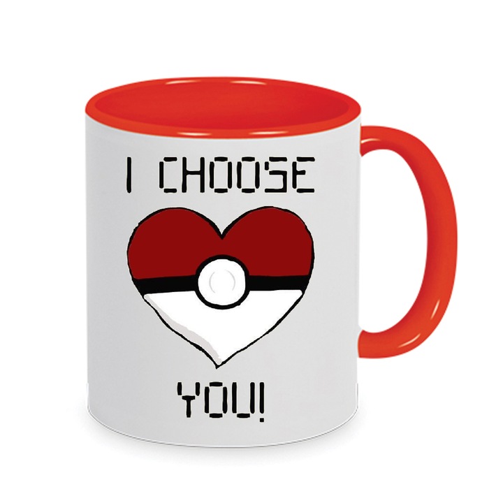 Cana ceramica rosie, Chn, cu mesaj "I choose you", 330ml