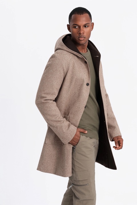 OMBRE, Palton din amestec de lana cu gluga, Maro taupe deschis