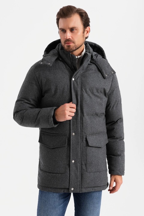 OMBRE, Geaca din amestec de lana cu vatelina si gluga, Negru stins