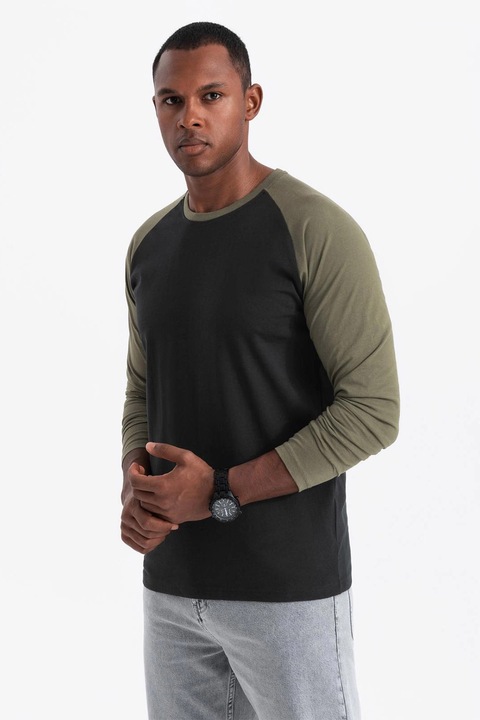 OMBRE, Bluza din bumbac cu maneci raglan, Negru/Verde masliniu