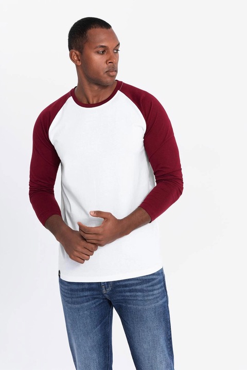 OMBRE, Памучна блуза с ръкави реглан, Бял/Бордо