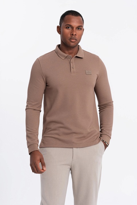 OMBRE, Bluza polo cu fenta cu fermoar, Maro camel