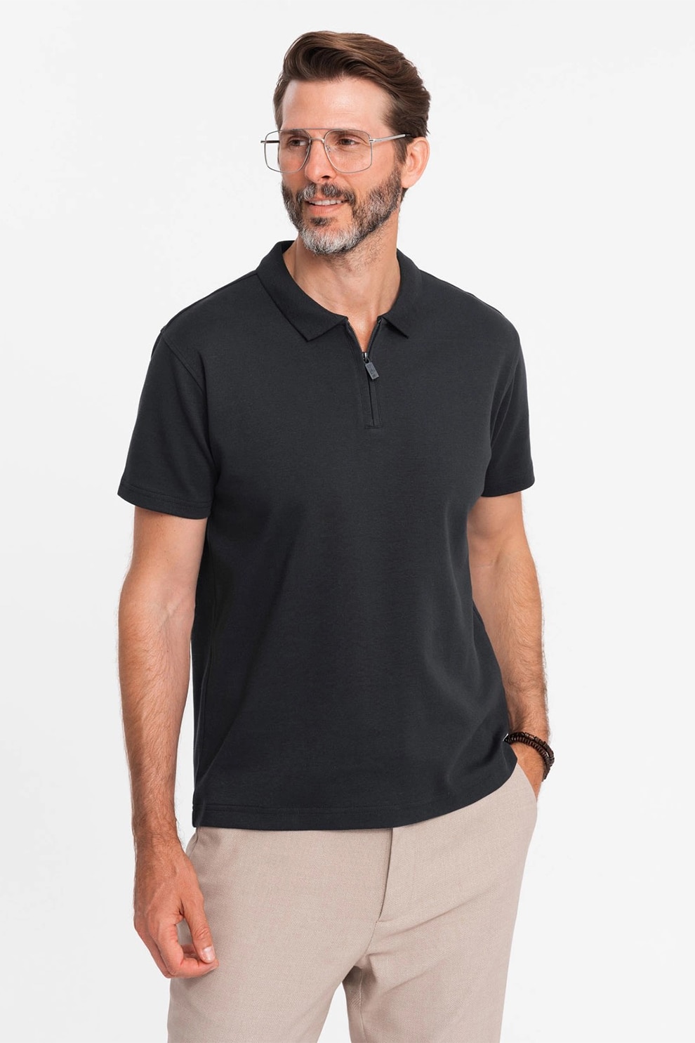 OMBRE, Tricou polo cu fenta cu fermoar, Negru stins, S