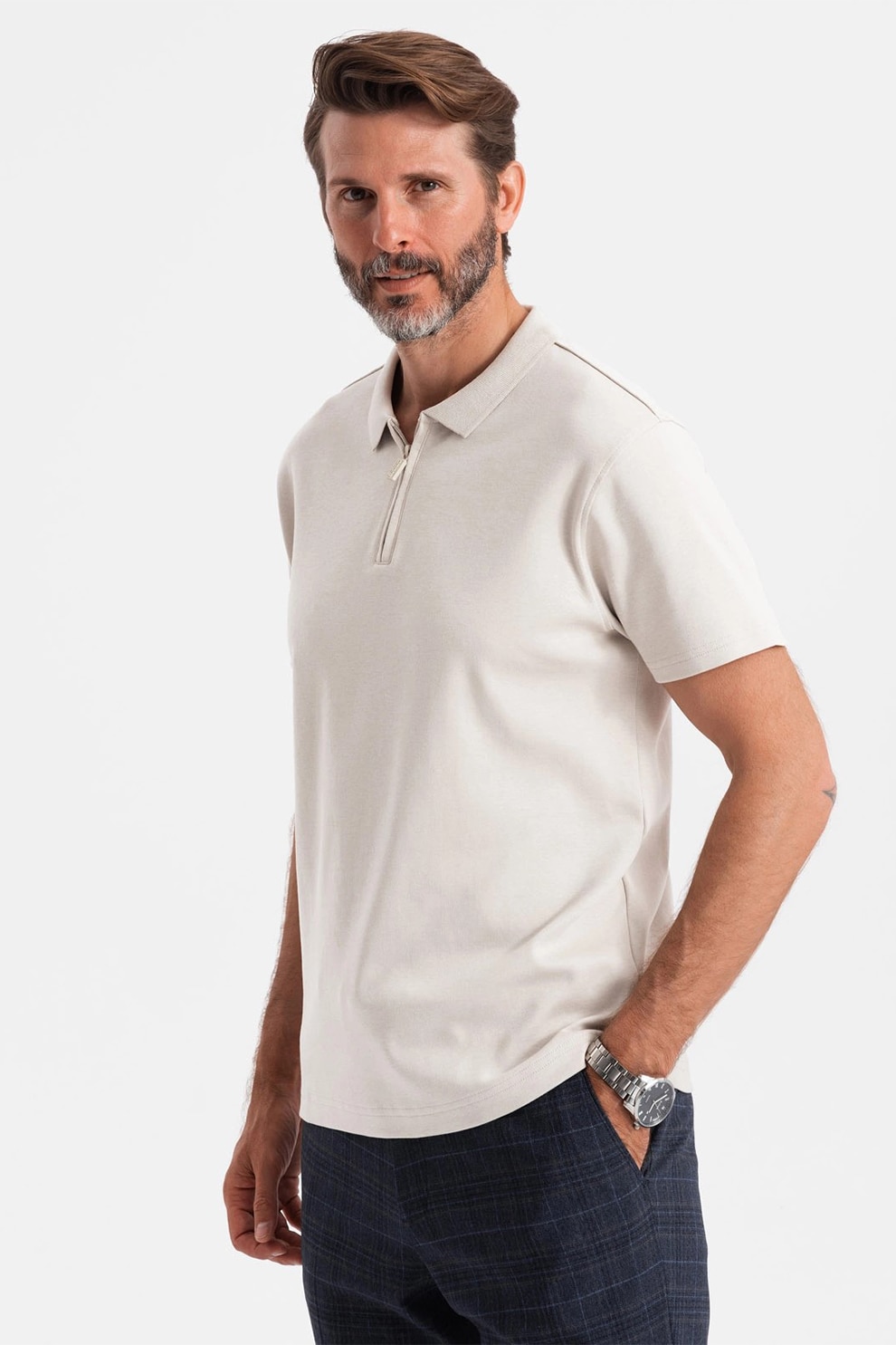 OMBRE, Tricou polo cu fenta cu fermoar, Grej, S