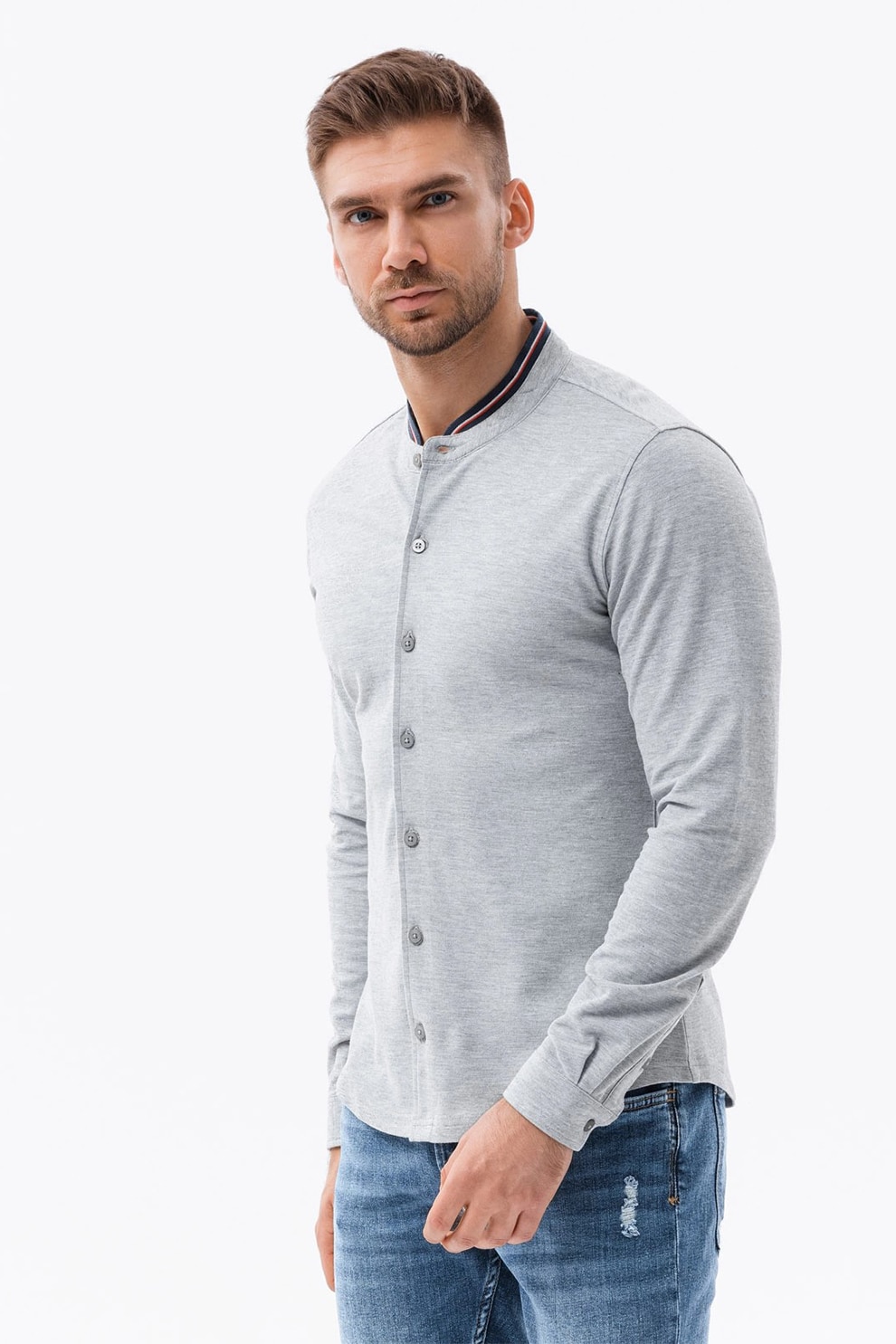 OMBRE, Camasa uni de bumbac, Gri deschis melange, 2XL
