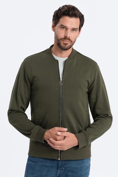 OMBRE, Bluza de trening cu fermoar si buzunare oblice, Kaki inchis