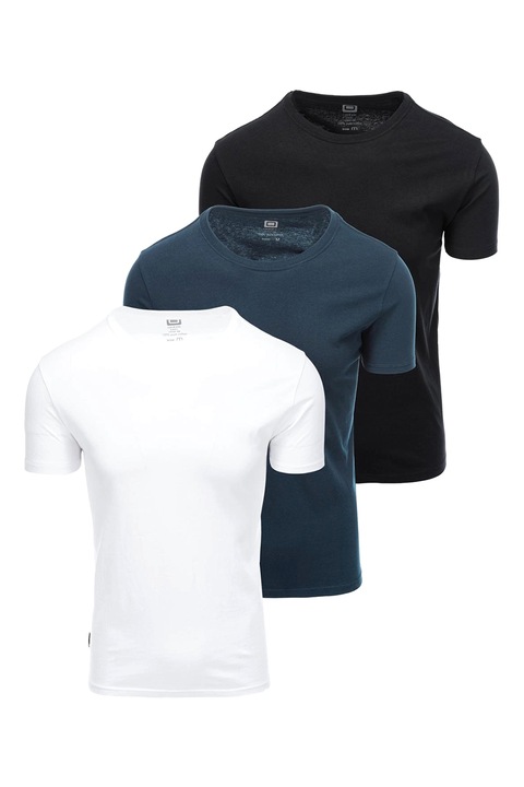 OMBRE, Set de tricouri uni de bumbac cu decolteu la baza gatului - 3 piese, Alb/Negru/Albastru inchis