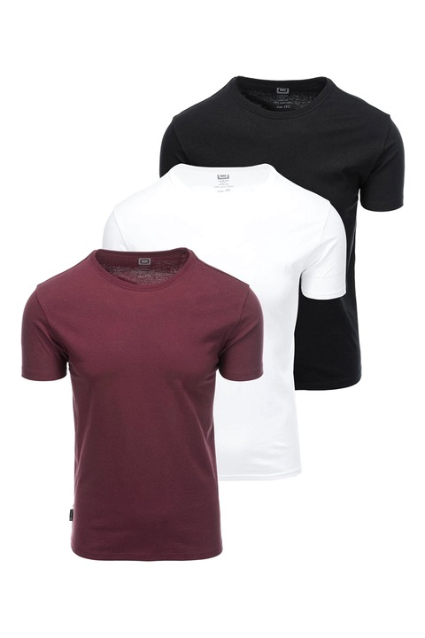 OMBRE, Set de tricouri uni de bumbac cu decolteu la baza gatului - 3 piese, Alb/Negru/Rosu inchis