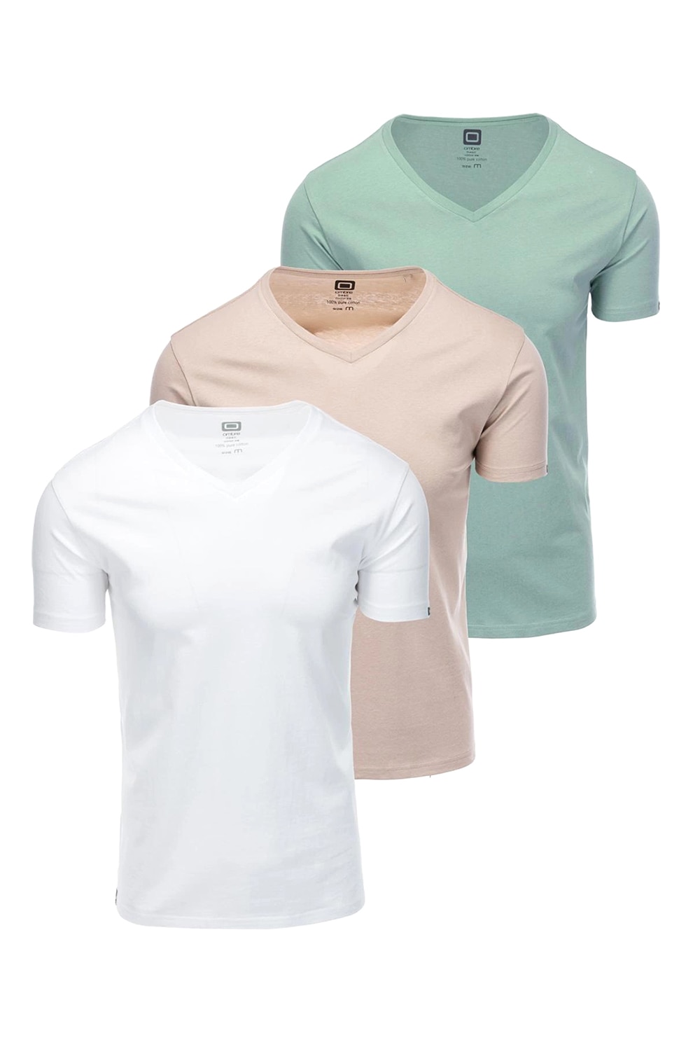 OMBRE, Set de tricouri uni de bumbac - 3 piese, Alb, Maro deschis, Verde deschis, 2XL