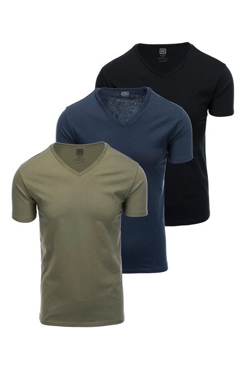 OMBRE, Set de tricouri uni de bumbac - 3 piese, Negru/Albastru inchis/Kaki