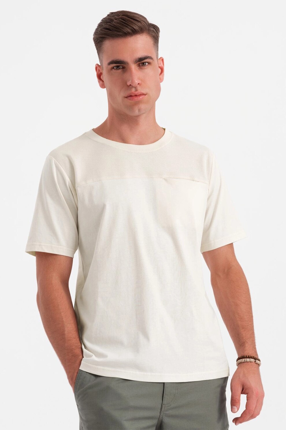 OMBRE, Tricou lejer de bumbac cu decolteu rotund, Crem, 2XL