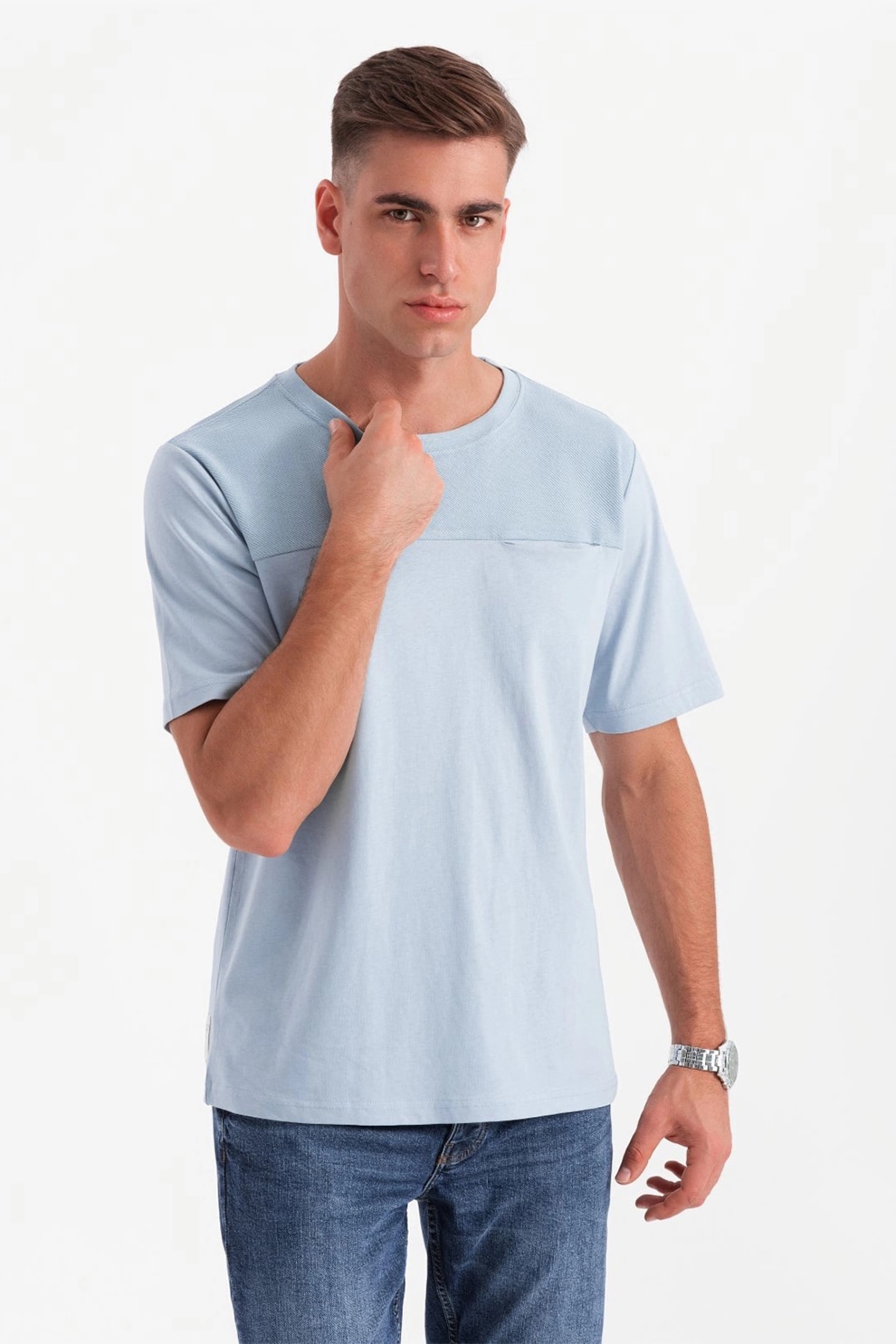 OMBRE, Tricou lejer de bumbac cu decolteu rotund, Albastru deschis, S