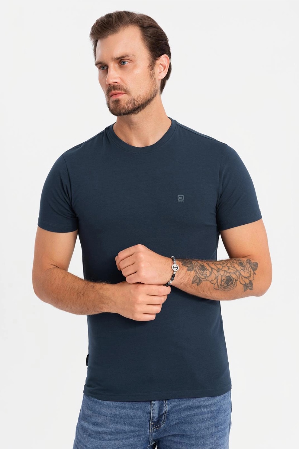 OMBRE, Tricou slim fit din amestec de bumbac cu decolteu rotund, Bleumarin, S