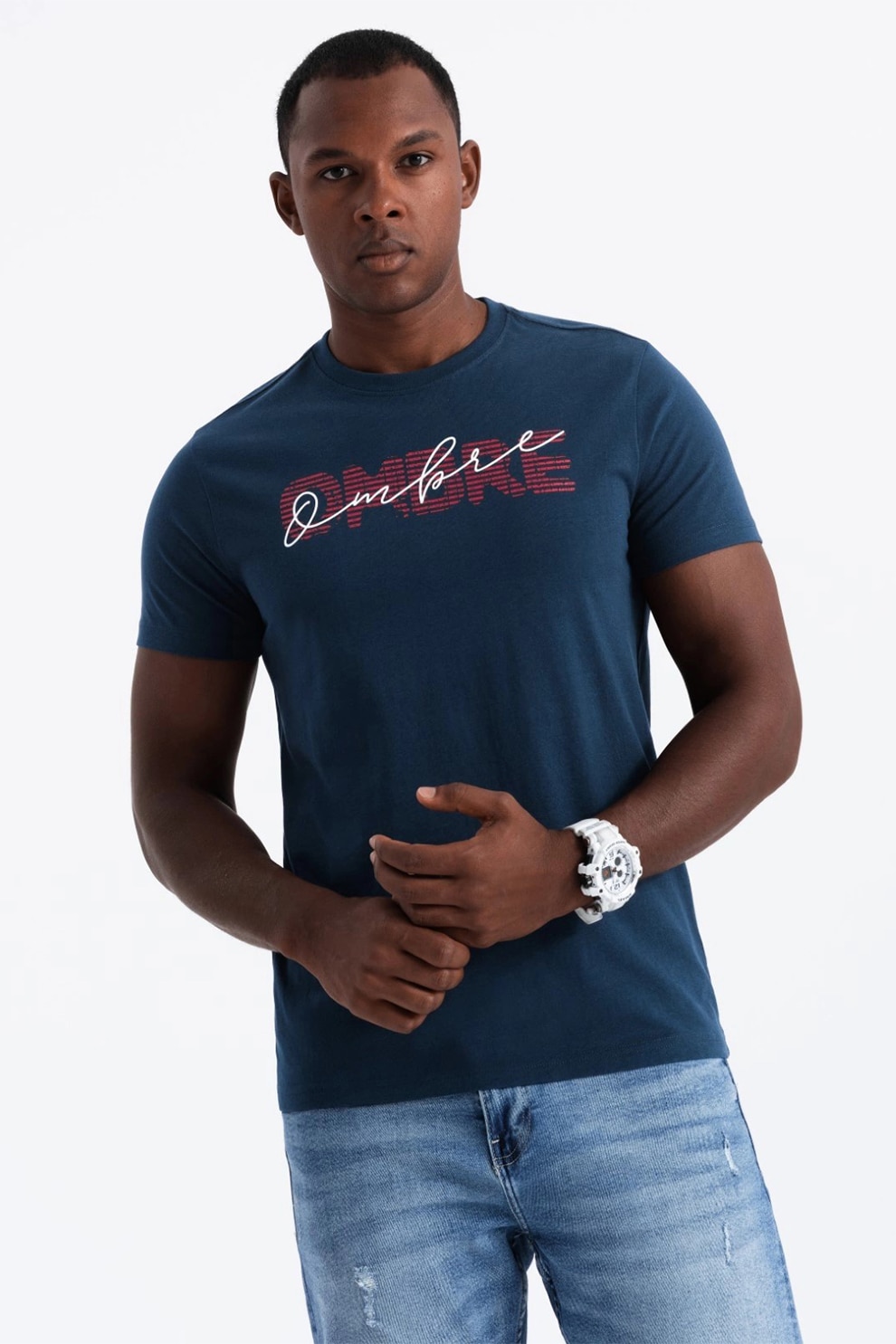OMBRE, Tricou de bumbac cu decolteu la baza gatului, Rosu, Bleumarin, S