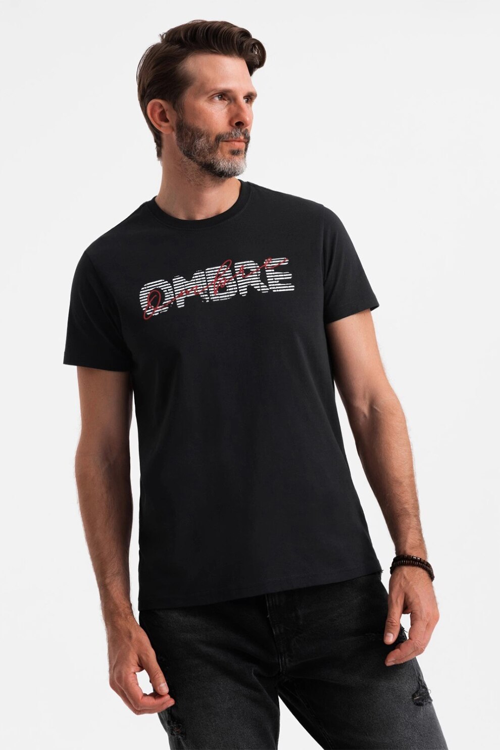 OMBRE, Tricou de bumbac cu decolteu la baza gatului, Alb, Negru, S
