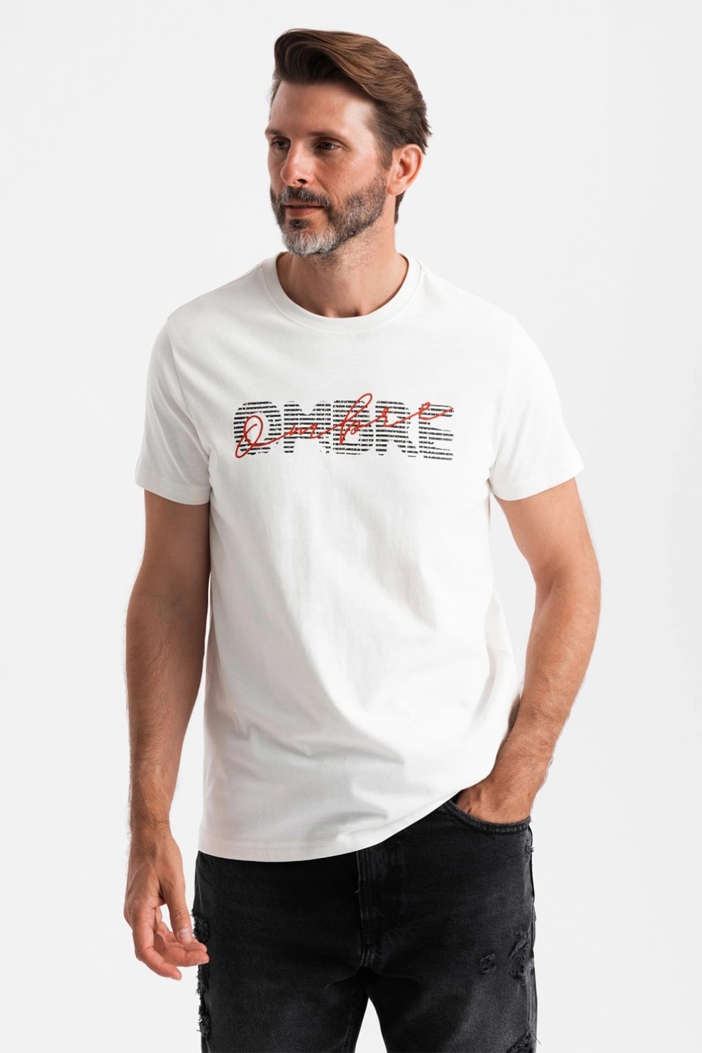 OMBRE, Tricou de bumbac cu decolteu la baza gatului, Alb, Bleumarin, 2XL