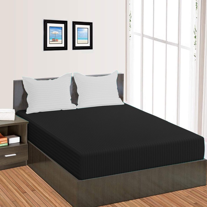 Cearsaf de pat cu elastic Damasc Policoton dunga 1 cm, 230x250 cm pentru saltea 180x200 cm, Negru