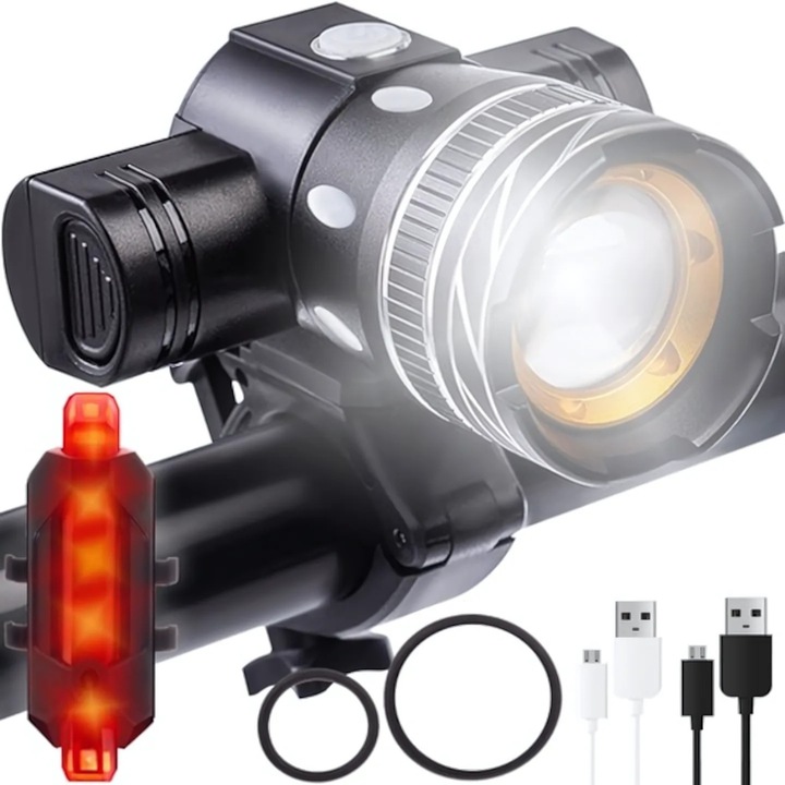 Set Lumini Bicicleta Fata/Spate Velixo®, 3 Moduri de Iluminare LED, Maner Rotativ 360°, Zoom, Rezistent la Apa IPX6, Far si Stop, Acumulator Reincarcabil, Instalare Usoara, Cablu USB Inclus, Negru