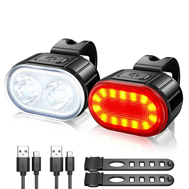 Set lumini pentru bicicleta cu LED-uri, 3 moduri de iluminare pe fata si 6 pe spate, cablu incarcare Micro-USB inclus, waterproof, Negru
