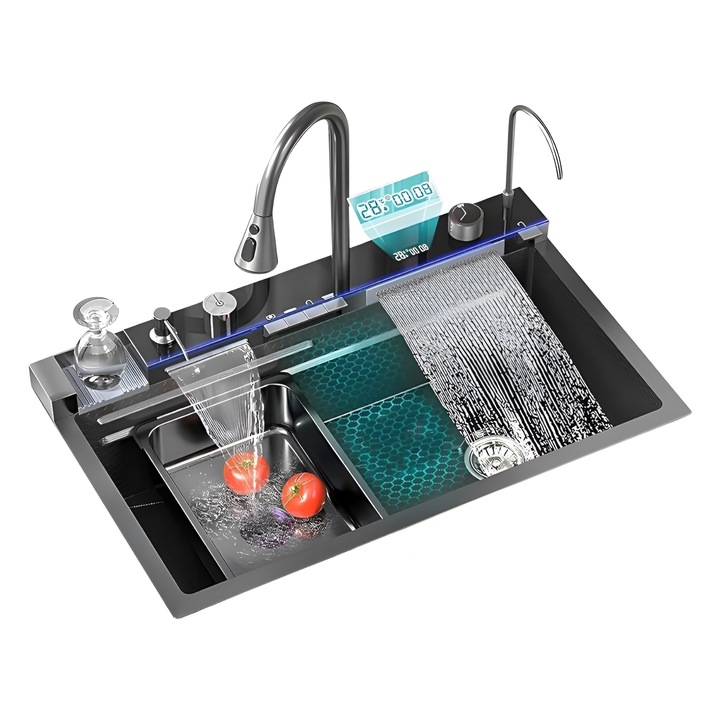 Chiuveta Bucatarie Multifunctionala Julswayfarer, Afisaj LED, Otel Inoxidabil 304 cu nichel si crom (antirugina), Bateria din Alama, Capacitate Mare, Moduri Apa Variate, Design Modern, Robinet Extractibil, Durabilitate, Negru