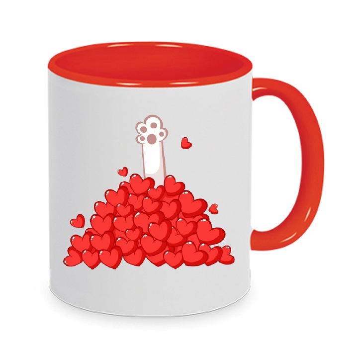 Cana ceramica Chn cu design labuta de pisica, alb si rosu, 330ml