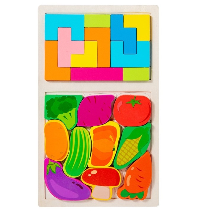 Puzzle montessori din lemn pentru copii, tip tetris 2 in 1 +3 ani, cu legume colorate 3d, educativ, intuitiv, creativ, 21 de piese, 28.5x17x1.2 cm, multicolor