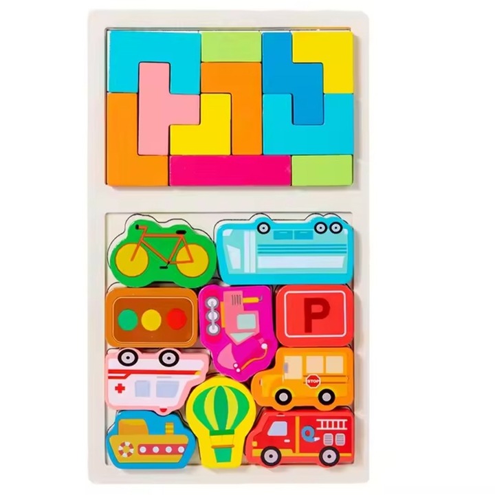 Puzzle montessori din lemn pentru copii, tip tetris 2 in 1, +3 ani, cu masini colorate 3d, educativ, intuitiv, creativ, 21 de piese, 28.5x17x1.2 cm, multicolor