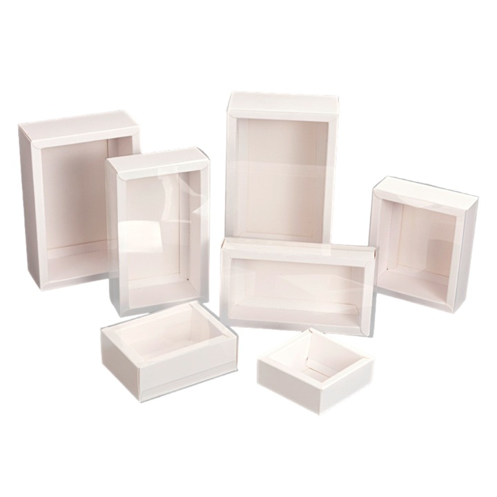 Set 50 Buc Cutie dreptunghiulara din hartie cu fereastra transparenta, Createur, alb - 14x7x4.5cm