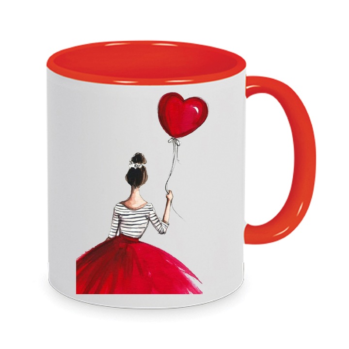Cana ceramica vintage cu fata si balon in forma de inima, Chn, alb si rosu, 330ml