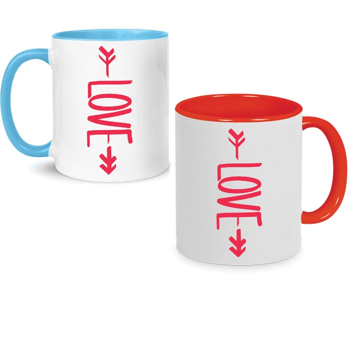 Комплект от 2 керамични чаши, Chn, думата "Love", сини и червени, 330 мл