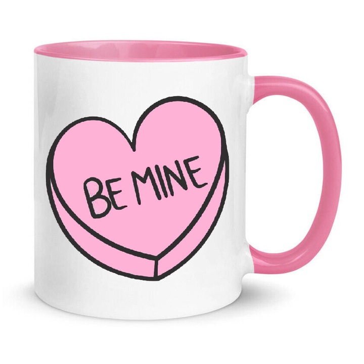 Cana ceramica 'Be Mine' cu design inima de bomboana, alb si roz, 330ml