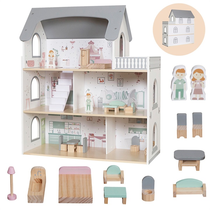 Дървена къща за кукли - SweetDollHouse - с LED осветление, 3 нива, 5 стаи и тераса, включени 12 части, височина 70,5 см, идеална за подарък, бяло/сиво