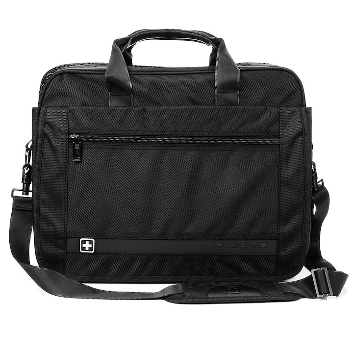 Laptop táska, Swissbags, Basel, 17”, vállpánt, állítható, megerősített fogantyú természetes bőrből, irattartó rekesz, kiegészítő zseb, elegáns vitel, klasszikus, könnyű, robusztus anyag, 22 l, 1,3 kg, 43x33x15-20 cm, fekete