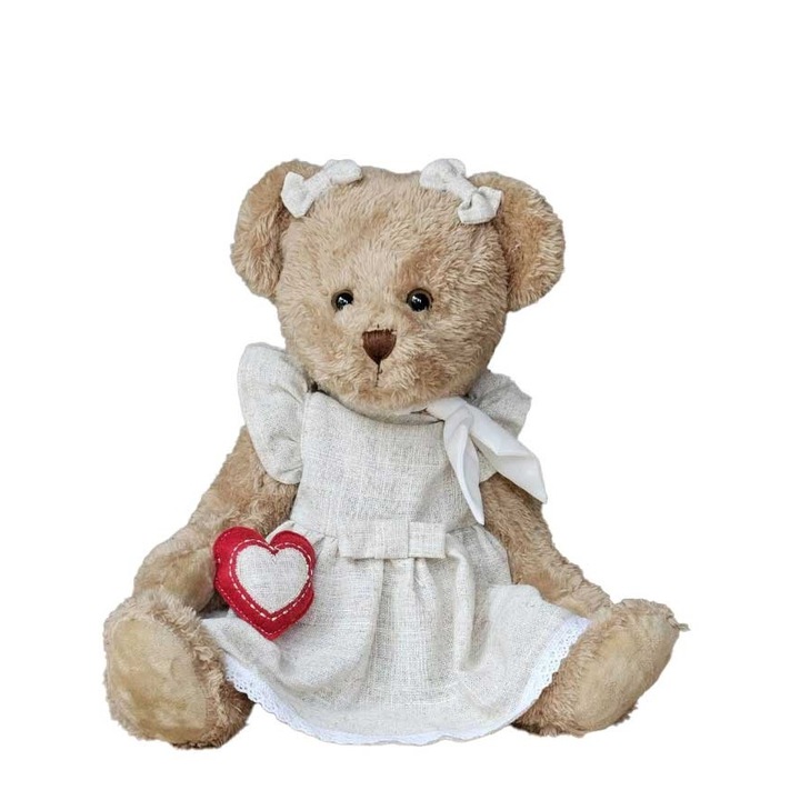 Fetita ursulet cu rochie bej si esarfa alba cu inima 38cm