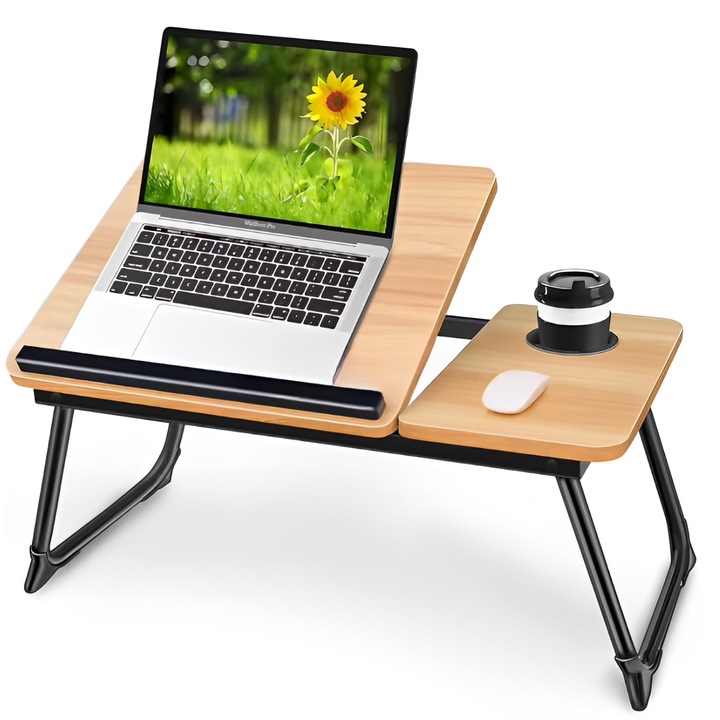 Masuta pliabila pentru laptop, cu inclinare reglabila, suport pentru pahar, Herum, Lemn, 60 x 32 x 25 cm