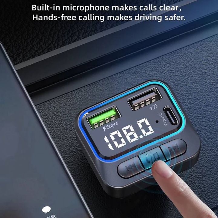 Модулатор на зарядно устройство Smartix, Bluetooth, 3 кабела iOS, Android Type-C, BT 5.0, черен