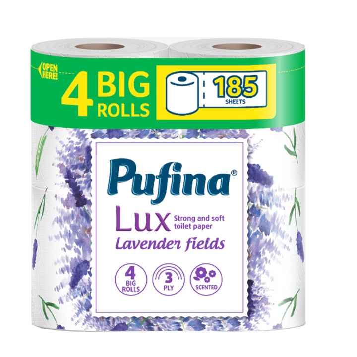 Hartie igienica Pufina Lux Campuri de lavanda, 3 straturi, 4 role