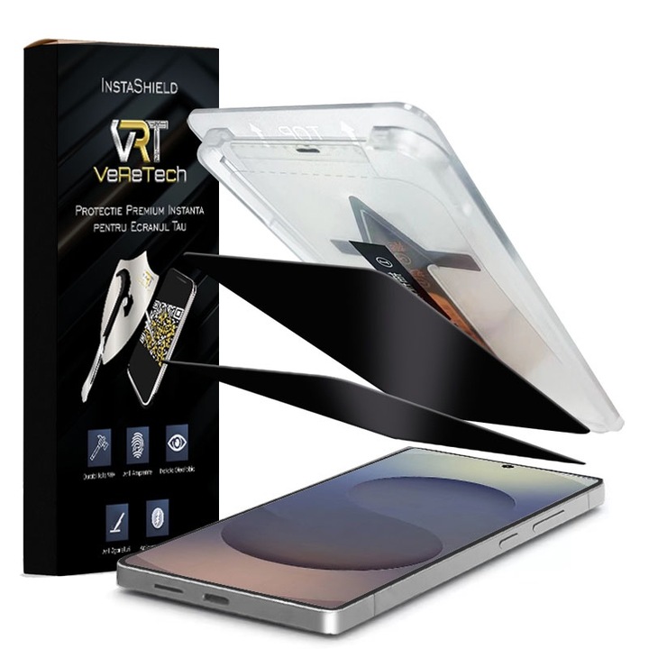 Folie de Protectie Privacy, InstaShield by VeReTech pentru Samsung Galaxy S25 Ultra, cu Kit de Aplicare Instanta si Functie Automata de Indepartare a Prafului, din Sticla Securizata 9H+, Claritate Super HD, Tratament Electronic Oleofobic si Anti Amprente
