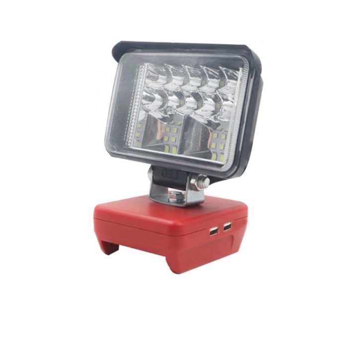 Lampa LED, Powerbank Dual USB, 3inch, 2800 Lumeni, 18 LED-uri, lumina LED cu unghi reglabil de 110°, 12W, Adaptor Acumulator Milwaukee M18 Li-I 18V, 11x7.6cm, iluminat de urgenta, santier, camping, Design Modern si Ergonom, ABS+plastic, rosu, SIPEDO