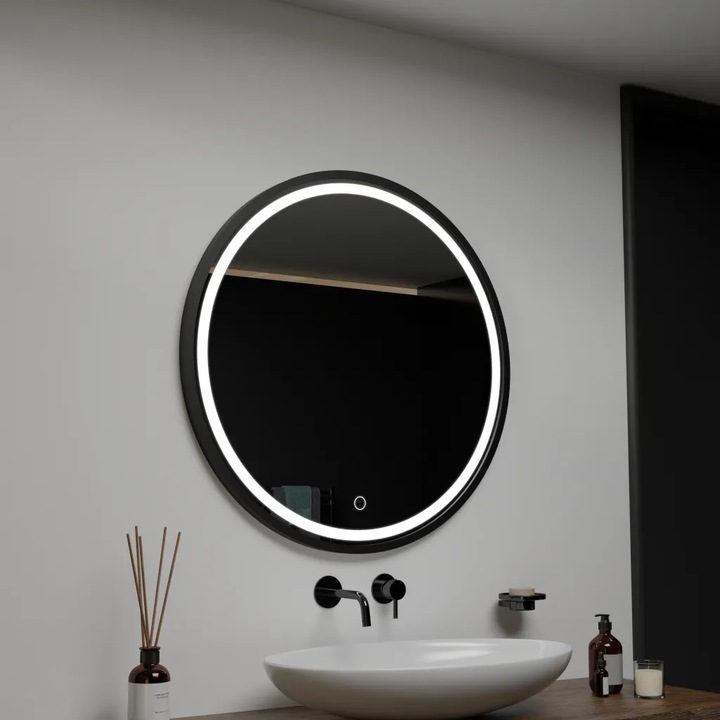 Oglinda LED Rotunda, 90cm, Alb, Orizzonte Rama Neagra, Basic Touch