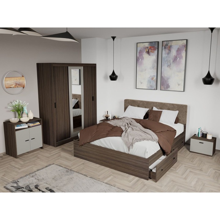 Set Mobila Dormitor, Nuc / Casmir, Solomon, C03, Pat Tapitat,160 x 200, 2 Noptiere, Comoda cu Usi si Dulap 153cm