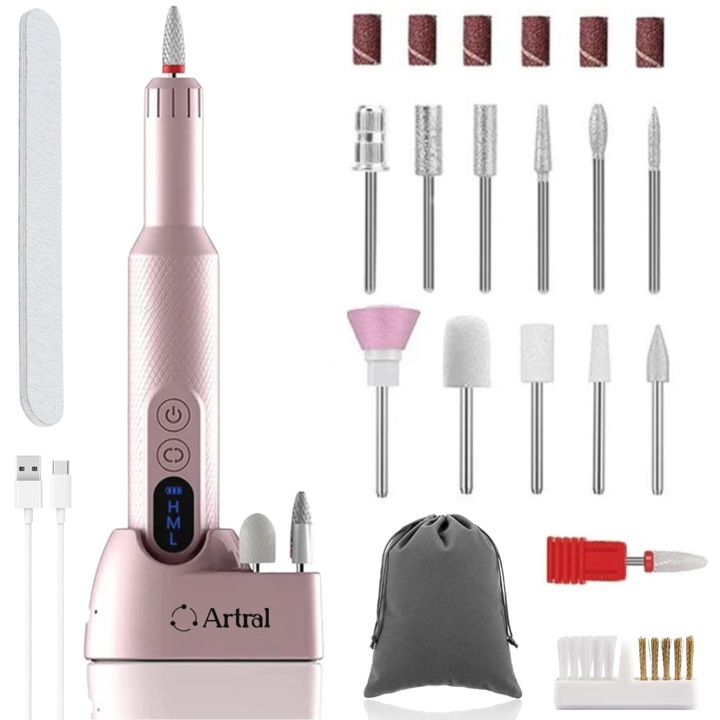 Freza Unghii Profesionala Artral®, Manichiura si Pedichiura, 18000 RPM, Incarcare Wireless in Dock, Baterie Reincarcabila, Periuta Portabila, Pila Unghii, Sac Depozitare, 12x Capete pentru Unghii si 36x Benzi Abrazive incluse
