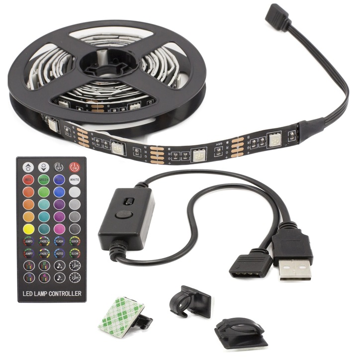 Комплект RGB LED лента с USB дължина 5M, 155 светодиода, дистанционно управление, за телевизор, компютър, кола, IP67