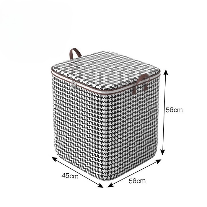 Cutie de Depozitare cu Fermoar, OEM, Pliabila, Maner Ranforsat, Fermoar Rezistent, pentru Haine, Paturi, Plapumi, Perne, Lenjerii de Pat, Jucarii, 56x45x56 cm, 140 Litri, in Carouri, Alb-Negru