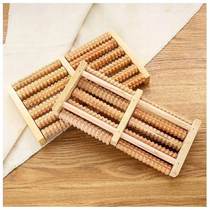 Set 2 aparate de masaj pentru picioare, 10 role, din lemn, 26,5x15x3,5cm